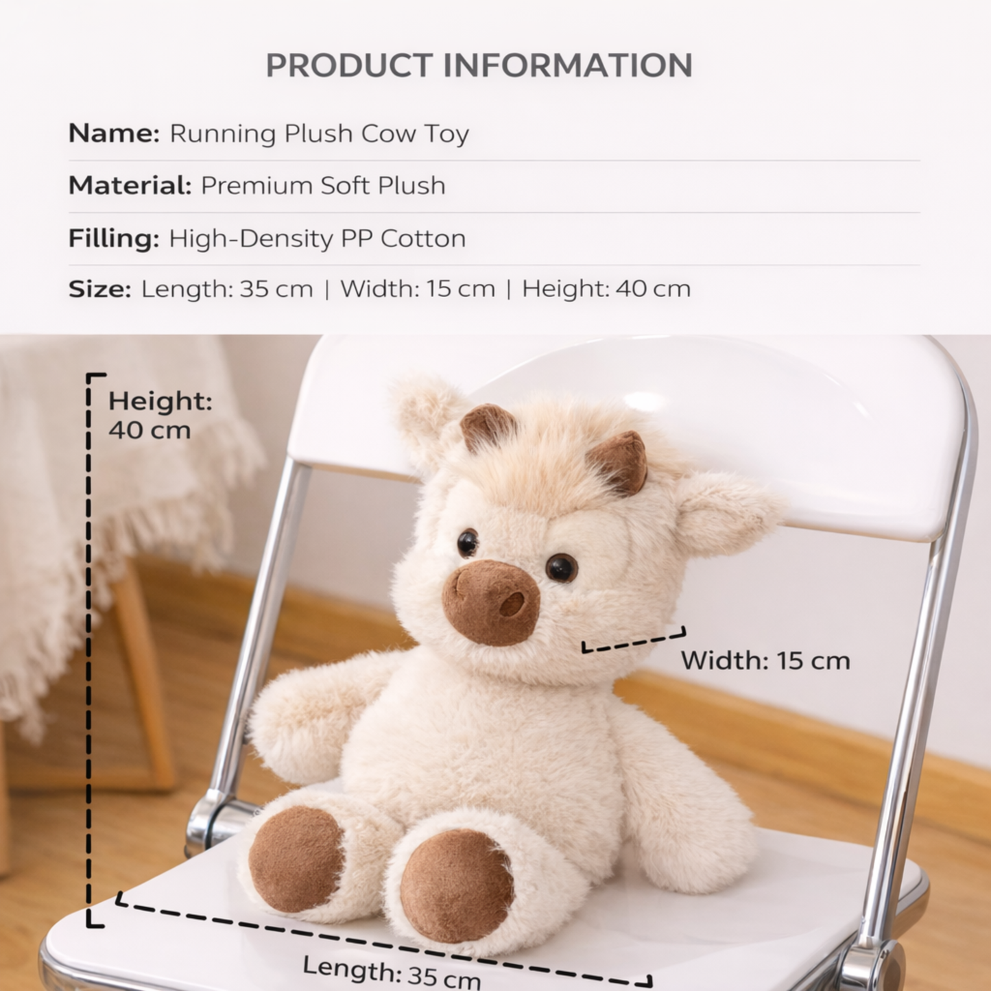 Adorable Highland Cattle Plush Toy 45cm - Huggable Running Cow Stuffed Animal Made with Premium Soft Fabric, Soothing Companion